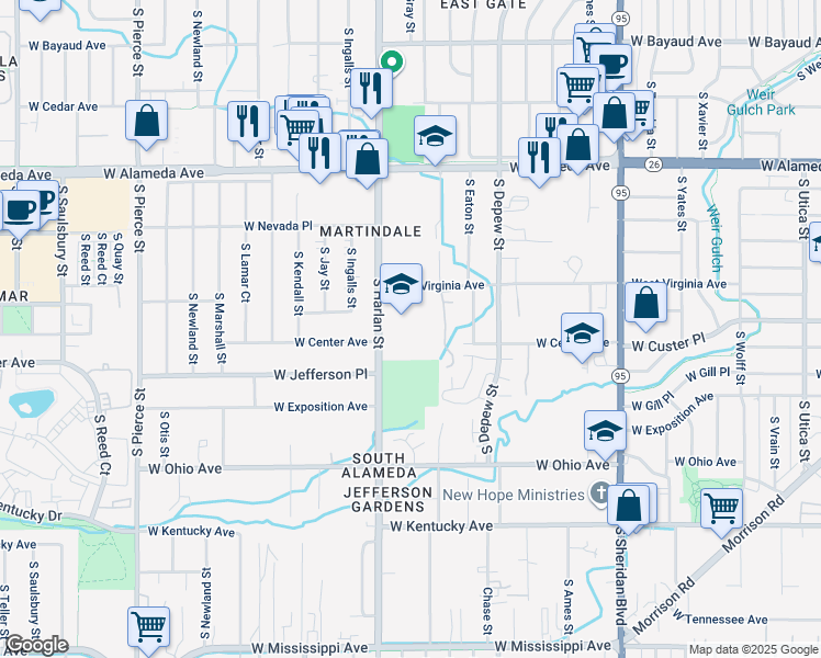 map of restaurants, bars, coffee shops, grocery stores, and more near 580 South Harlan Street in Lakewood