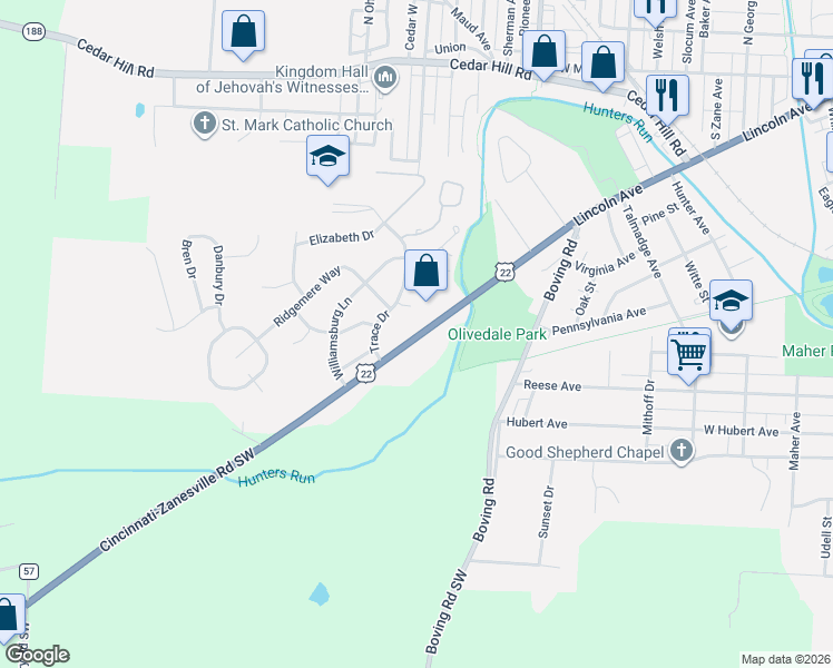 map of restaurants, bars, coffee shops, grocery stores, and more near 955 Cincinnati-Zanesville Road Southwest in Lancaster