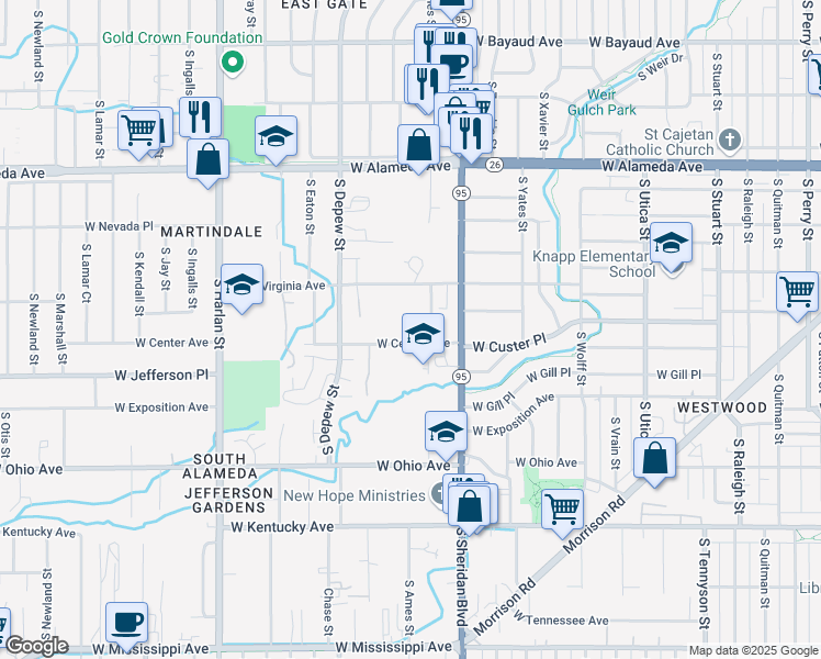 map of restaurants, bars, coffee shops, grocery stores, and more near 5350 West Virginia Avenue in Lakewood