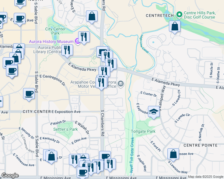 map of restaurants, bars, coffee shops, grocery stores, and more near 512 South Chambers Road in Aurora