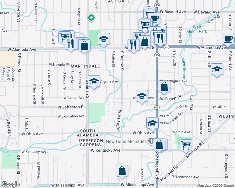 map of restaurants, bars, coffee shops, grocery stores, and more near 588 South Eaton Street in Lakewood