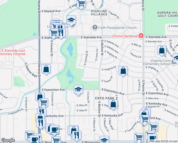 map of restaurants, bars, coffee shops, grocery stores, and more near 11237 East Custer Place in Aurora