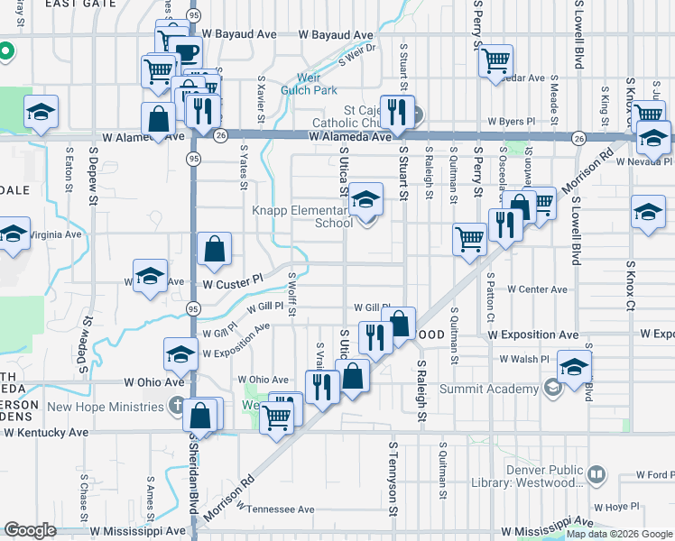 map of restaurants, bars, coffee shops, grocery stores, and more near 4504 West Custer Place in Denver