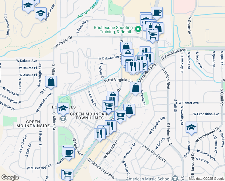 map of restaurants, bars, coffee shops, grocery stores, and more near 12515 West Alameda Drive in Lakewood