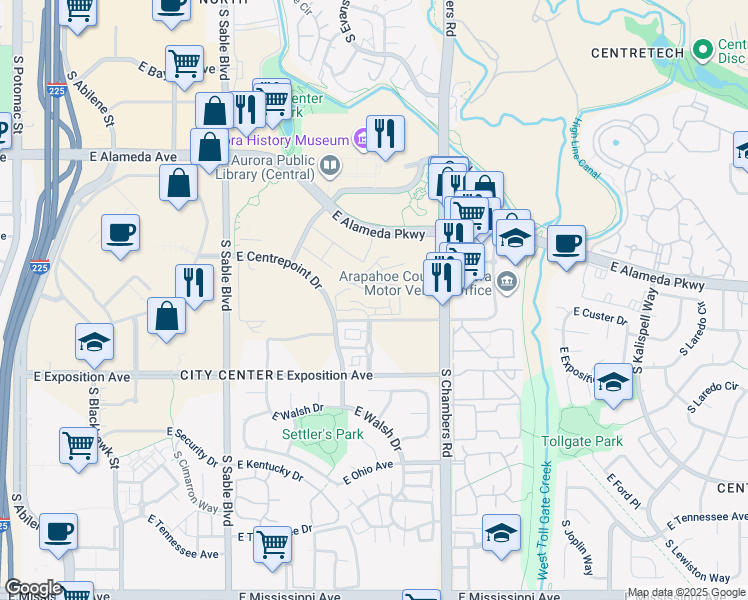 map of restaurants, bars, coffee shops, grocery stores, and more near 15025 East Center Avenue in Aurora