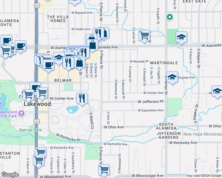 map of restaurants, bars, coffee shops, grocery stores, and more near 530 South Otis Street in Lakewood