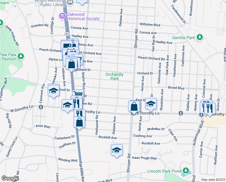 map of restaurants, bars, coffee shops, grocery stores, and more near 352 Claranna Avenue in Dayton