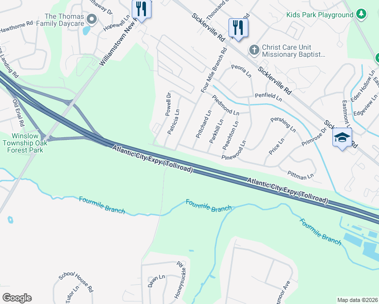 map of restaurants, bars, coffee shops, grocery stores, and more near 63 Pinewood Lane in Sicklerville