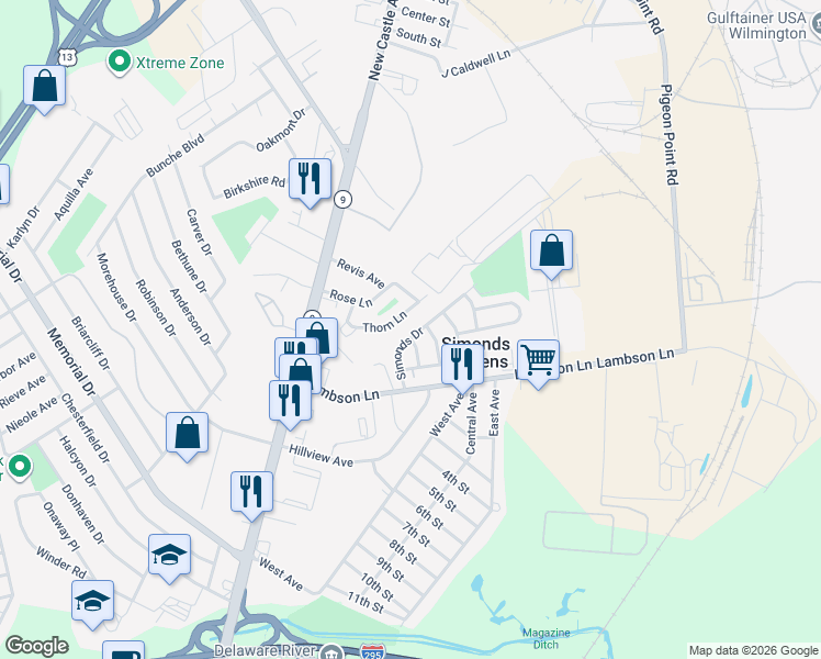 map of restaurants, bars, coffee shops, grocery stores, and more near 43 Simonds Drive in New Castle