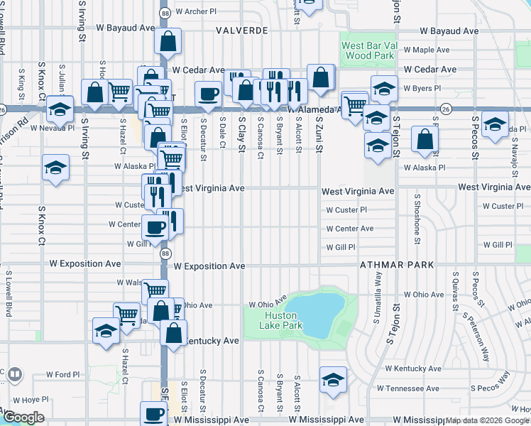 map of restaurants, bars, coffee shops, grocery stores, and more near 565 South Canosa Court in Denver