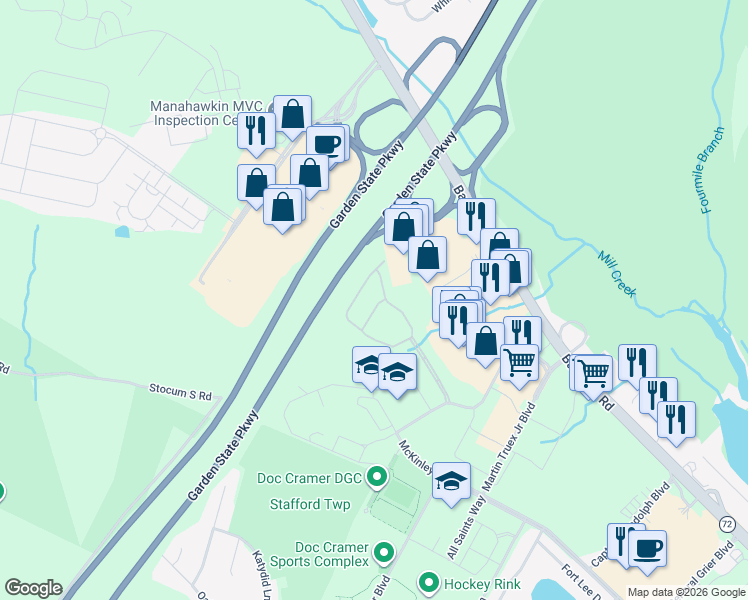 map of restaurants, bars, coffee shops, grocery stores, and more near 76 Bryce Lane in Stafford Township