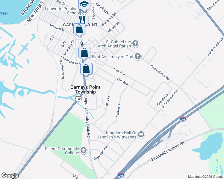 map of restaurants, bars, coffee shops, grocery stores, and more near 283 Justice Drive in Carneys Point Township