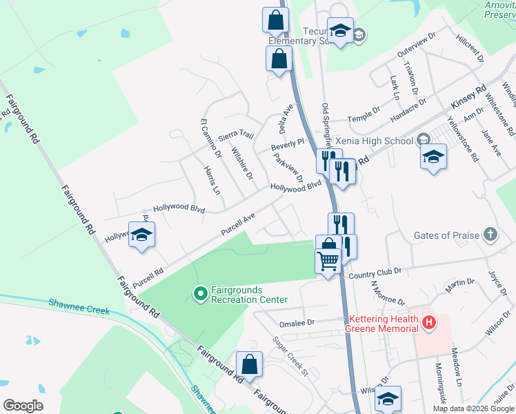 map of restaurants, bars, coffee shops, grocery stores, and more near 268 Purcell Avenue in Xenia