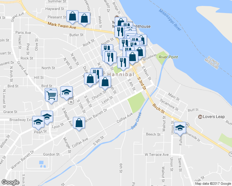 map of restaurants, bars, coffee shops, grocery stores, and more near 222A South 6th Street in Hannibal