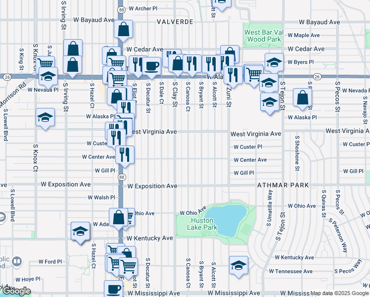 map of restaurants, bars, coffee shops, grocery stores, and more near 565 South Canosa Court in Denver