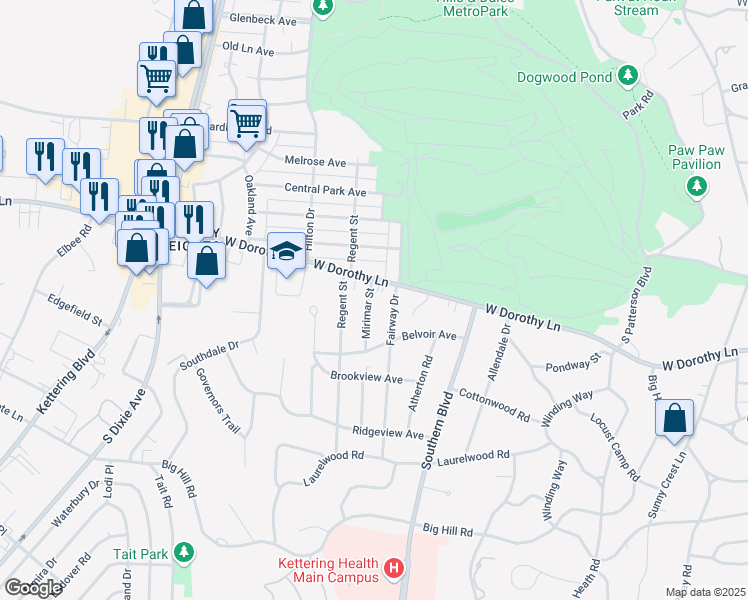 map of restaurants, bars, coffee shops, grocery stores, and more near 3014 Mirimar Street in Dayton