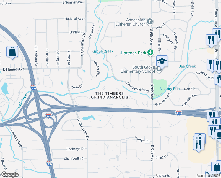 map of restaurants, bars, coffee shops, grocery stores, and more near 4212 Foxglove Trce in Indianapolis