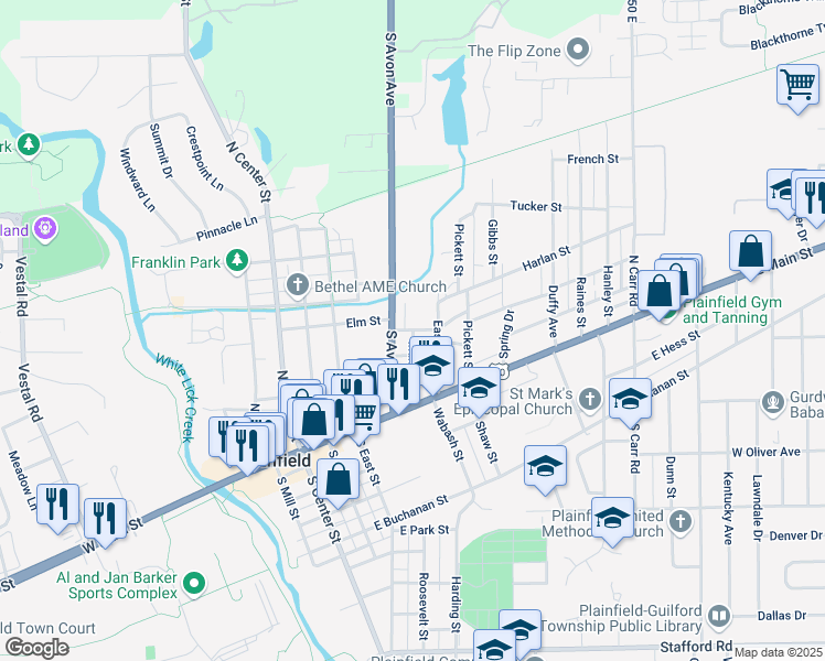map of restaurants, bars, coffee shops, grocery stores, and more near 267 Indiana Street in Plainfield