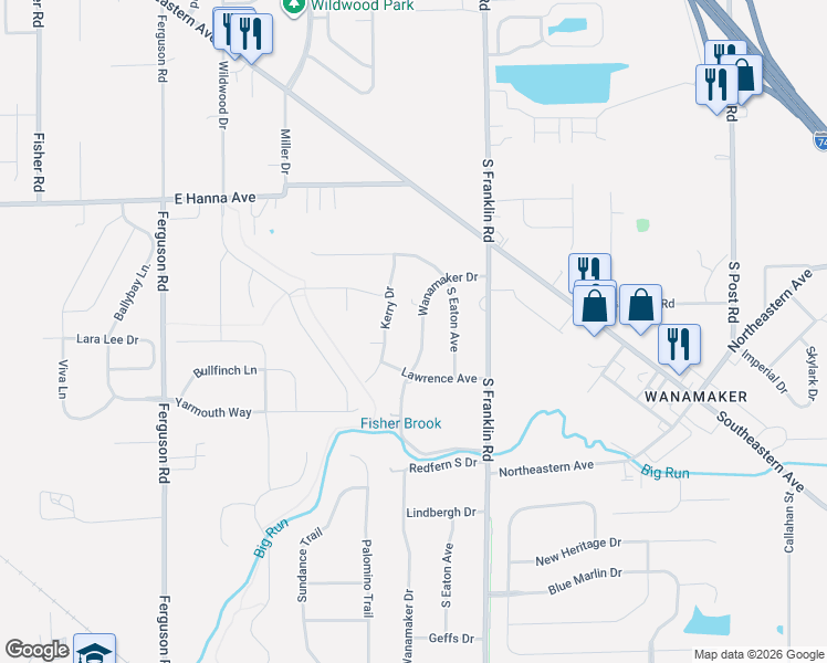 map of restaurants, bars, coffee shops, grocery stores, and more near 4230 Wanamaker Drive in Indianapolis