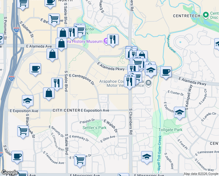 map of restaurants, bars, coffee shops, grocery stores, and more near 2160-2214 E Center Ave in Aurora