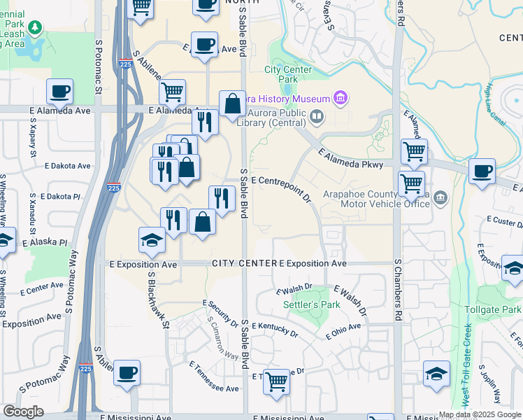 map of restaurants, bars, coffee shops, grocery stores, and more near in Aurora