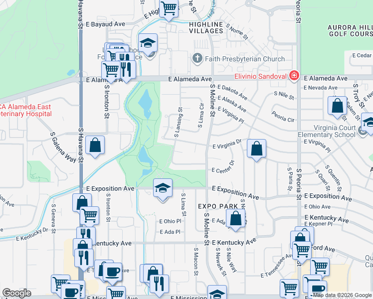 map of restaurants, bars, coffee shops, grocery stores, and more near 11237 East Custer Place in Aurora