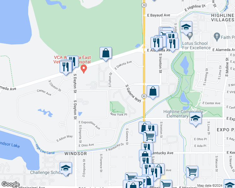 map of restaurants, bars, coffee shops, grocery stores, and more near 10150 East Virginia Avenue in Denver