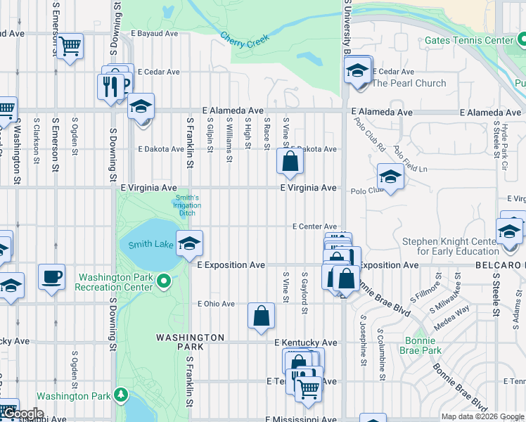 map of restaurants, bars, coffee shops, grocery stores, and more near 550 South Race Street in Denver