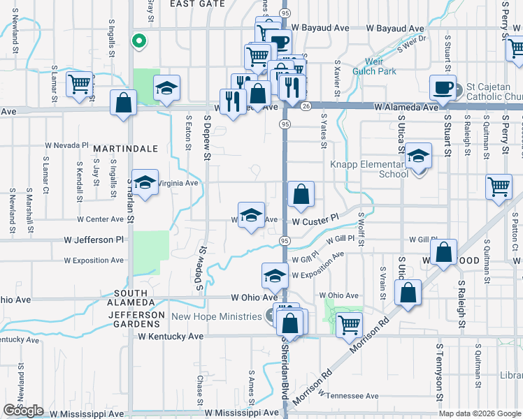 map of restaurants, bars, coffee shops, grocery stores, and more near 560 South Ames Street in Lakewood