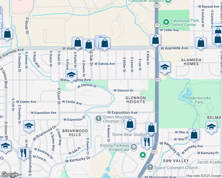 map of restaurants, bars, coffee shops, grocery stores, and more near 550 South Nelson Street in Lakewood