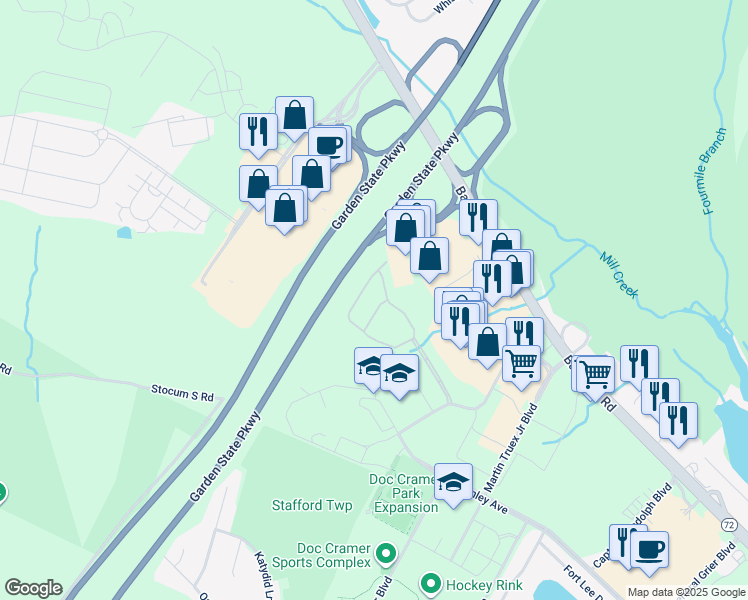 map of restaurants, bars, coffee shops, grocery stores, and more near 51 Farrah Drive in Stafford Township