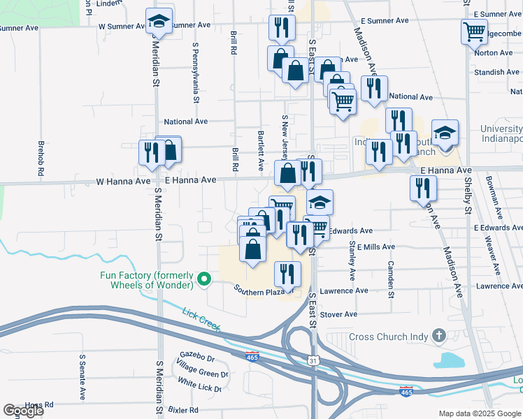 map of restaurants, bars, coffee shops, grocery stores, and more near 4051 Hanna Village Drive in Indianapolis