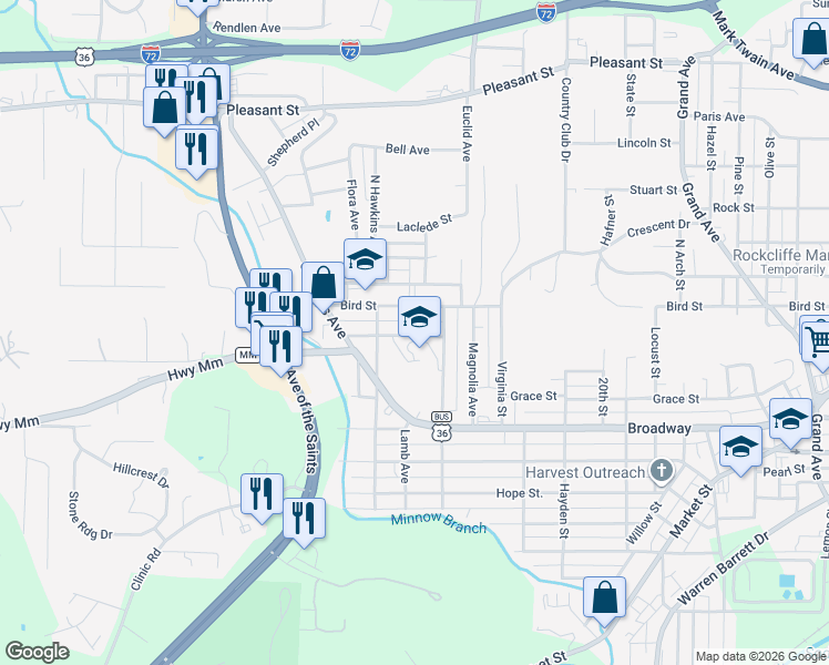 map of restaurants, bars, coffee shops, grocery stores, and more near in Hannibal