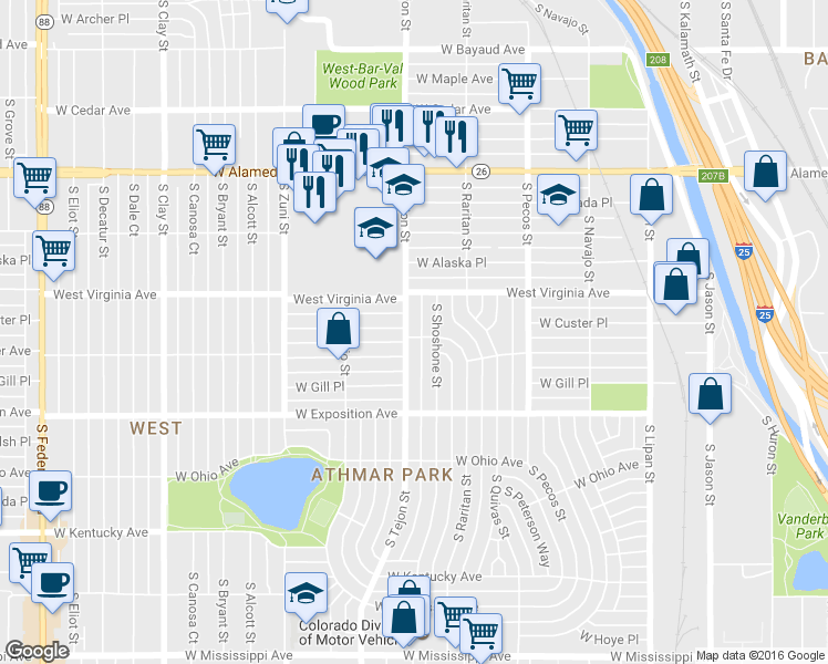map of restaurants, bars, coffee shops, grocery stores, and more near 590 South Tejon Street in Denver