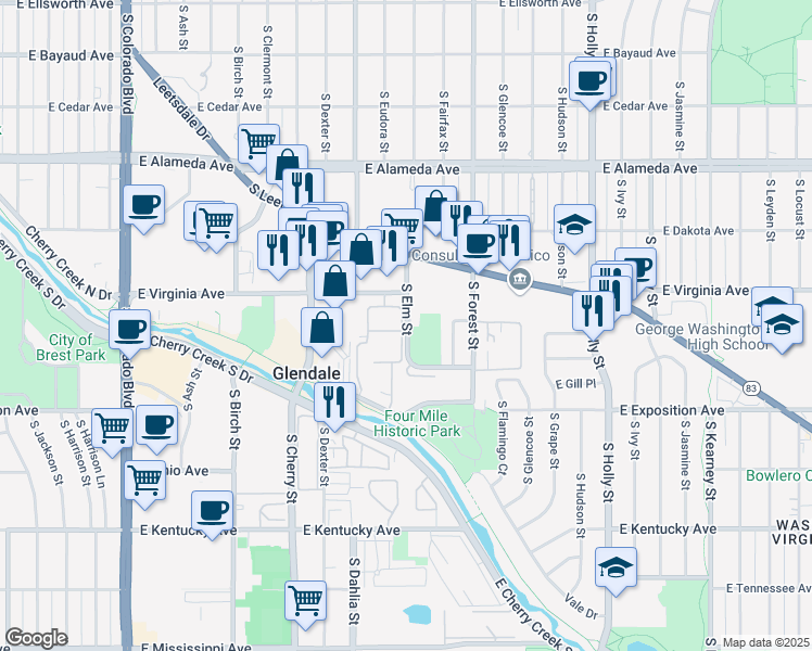 map of restaurants, bars, coffee shops, grocery stores, and more near 640 Dahlia Circle in Glendale