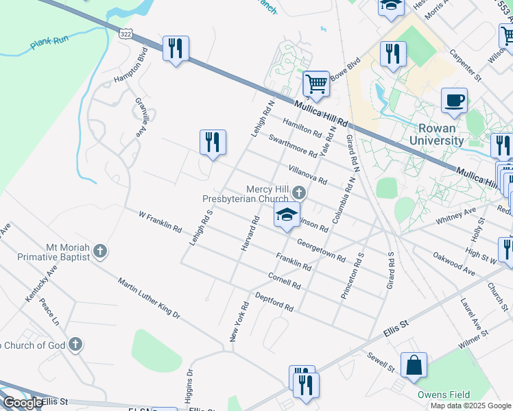 map of restaurants, bars, coffee shops, grocery stores, and more near 400 Dickinson Road in Glassboro