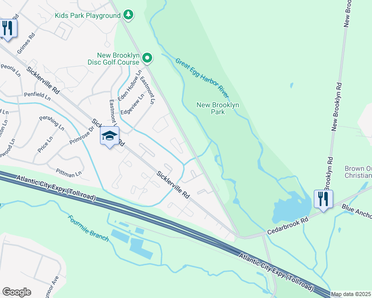 map of restaurants, bars, coffee shops, grocery stores, and more near 5 Victoria Manor Court in Sicklerville