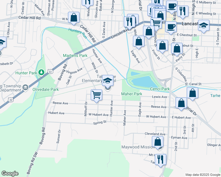 map of restaurants, bars, coffee shops, grocery stores, and more near 611 Lewis Avenue in Lancaster