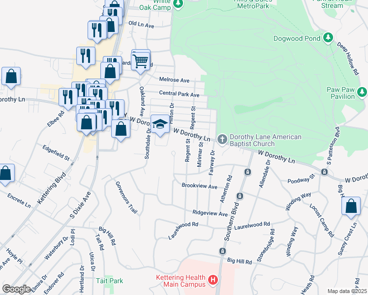 map of restaurants, bars, coffee shops, grocery stores, and more near 3025 Regent Street in Dayton