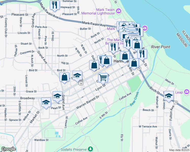 map of restaurants, bars, coffee shops, grocery stores, and more near 801 Broadway Exd in Hannibal