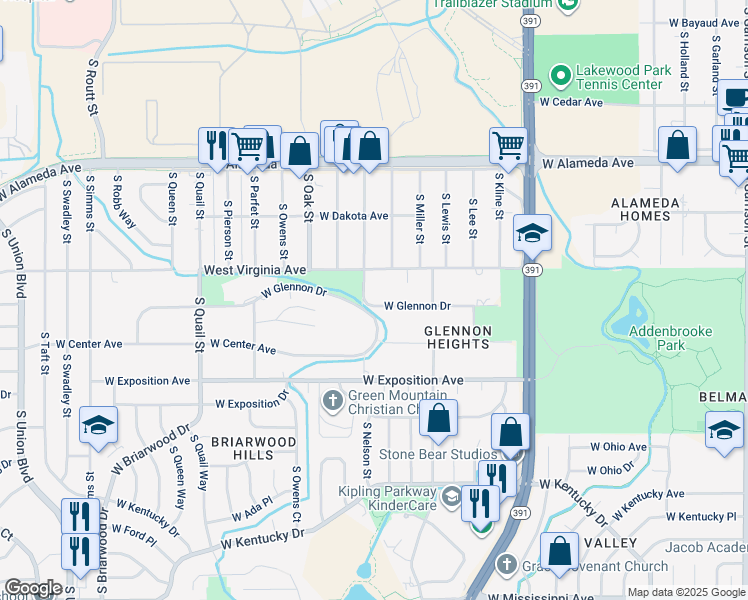 map of restaurants, bars, coffee shops, grocery stores, and more near 550 South Nelson Street in Lakewood