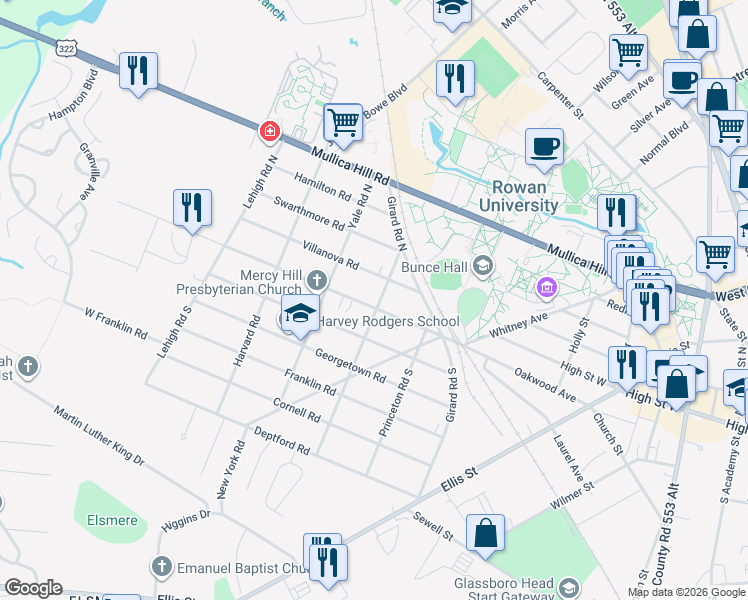 map of restaurants, bars, coffee shops, grocery stores, and more near 209 University Boulevard in Glassboro