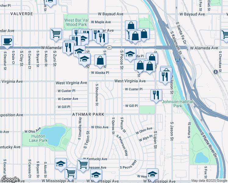 map of restaurants, bars, coffee shops, grocery stores, and more near 550 South Quivas Street in Denver