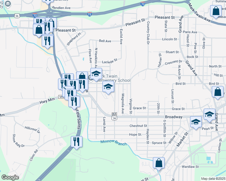 map of restaurants, bars, coffee shops, grocery stores, and more near 301 North Levering Avenue in Hannibal