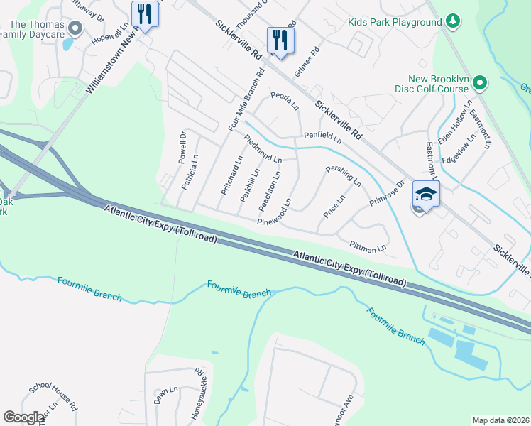 map of restaurants, bars, coffee shops, grocery stores, and more near 27 Peachton Lane in Sicklerville