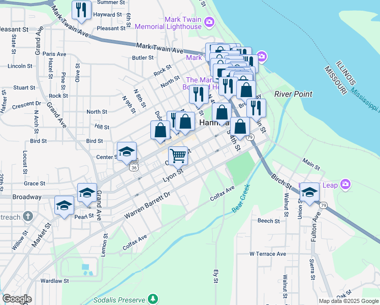 map of restaurants, bars, coffee shops, grocery stores, and more near 212 South 7th Street in Hannibal