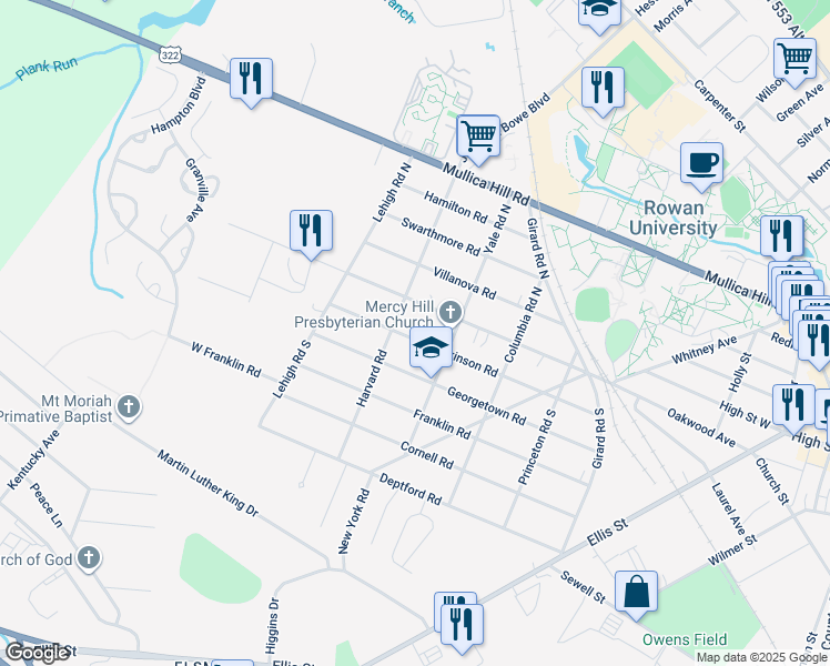 map of restaurants, bars, coffee shops, grocery stores, and more near 315 Dickinson Road in Glassboro