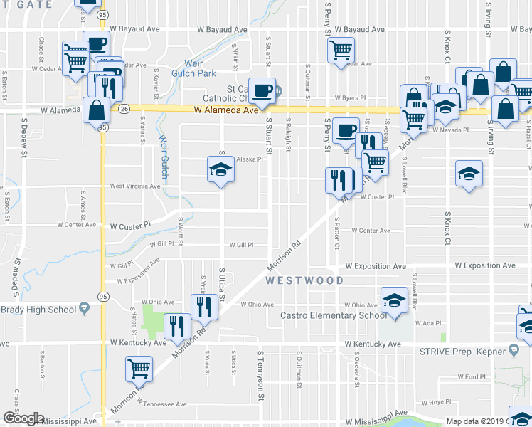 map of restaurants, bars, coffee shops, grocery stores, and more near 571 South Stuart Street in Denver