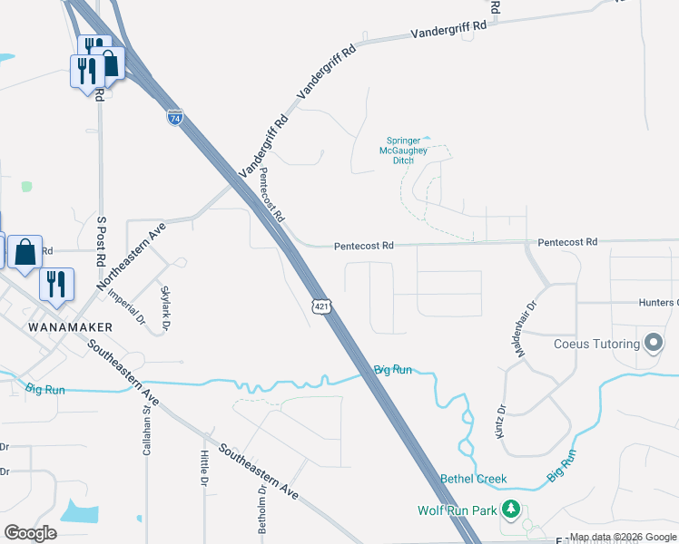 map of restaurants, bars, coffee shops, grocery stores, and more near 9620-9634 Pentecost Road in Indianapolis