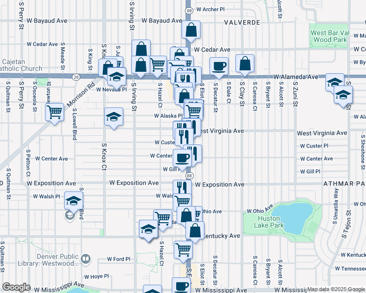 map of restaurants, bars, coffee shops, grocery stores, and more near 555 South Federal Boulevard in Denver